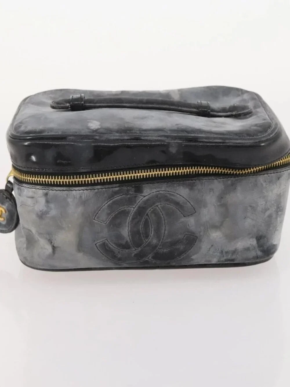 CHANEL Vanity Pouch Leather 2 Set Black CC Auth BA12664